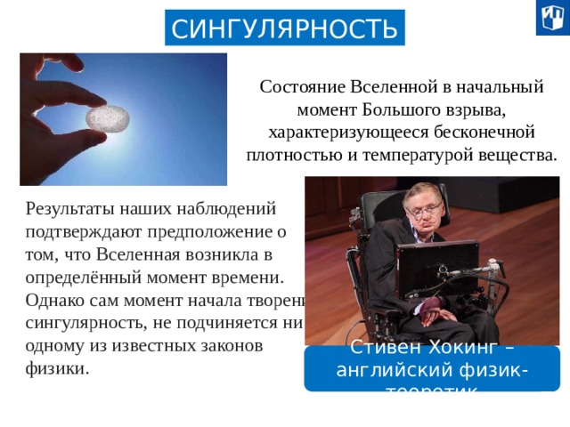 СИНГУЛЯРНОСТЬ Состояние Вселенной в начальный момент Большого взрыва, характеризующееся бесконечной плотностью и температурой вещества. Результаты наших наблюдений подтверждают предположение о том, что Вселенная возникла в определённый момент времени. Однако сам момент начала творения, сингулярность, не подчиняется ни одному из известных законов физики. Стивен Хокинг – английский физик-теоретик 