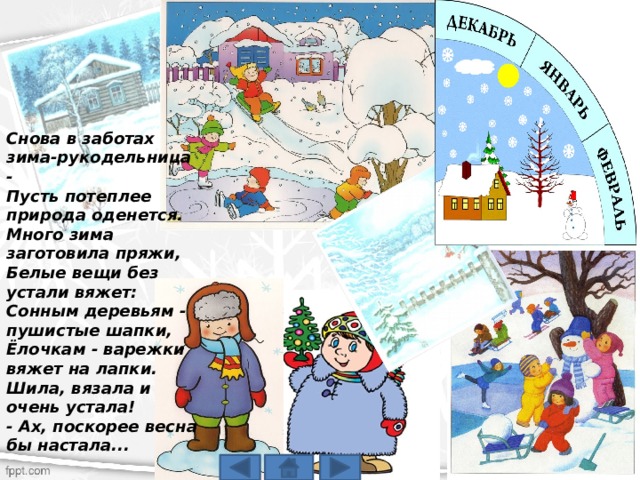 Снова в заботах зима-рукодельница -   Пусть потеплее природа оденется.  Много зима заготовила пряжи,  Белые вещи без устали вяжет:  Сонным деревьям - пушистые шапки,  Ёлочкам - варежки вяжет на лапки.  Шила, вязала и очень устала!  - Ах, поскорее весна бы настала...   