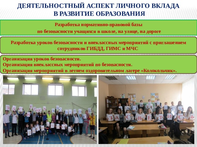 Деятельностный аспект личного вклада  в развитие образования Разработка нормативно-правовой базы  по безопасности учащихся в школе, на улице, на дороге Разработка уроков безопасности и внеклассных мероприятий с приглашением сотрудников ГИБДД, ГИМС и МЧС Организация уроков безопасности. Организация внеклассных мероприятий по безопасности. Организация мероприятий в летнем оздоровительном лагере «Колокольчик». 
