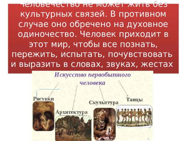 Человечество не может жить без культурных связей. В противном случае оно обречено на духовное одиночество. Человек приходит в этот мир, чтобы все познать, пережить, испытать, почувствовать и выразить в словах, звуках, жестах красках.  