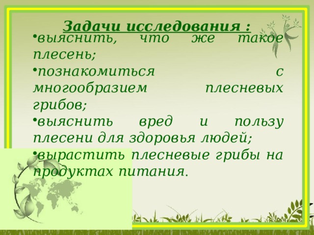 Задачи исследования :  выяснить, что же такое плесень; познакомиться с многообразием плесневых грибов; выяснить вред и пользу плесени для здоровья людей; вырастить плесневые грибы на продуктах питания .  