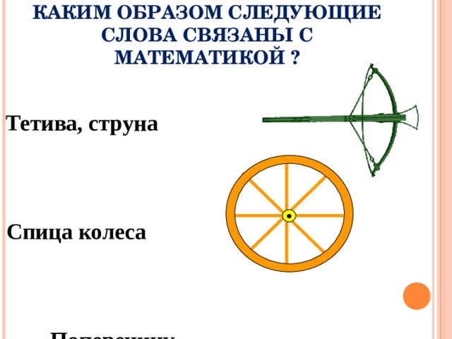 КАКИМ ОБРАЗОМ СЛЕДУЮЩИЕ СЛОВА СВЯЗАНЫ С МАТЕМАТИКОЙ ? Тетива, струна Спица колеса Поперечник 2 