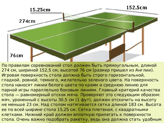 По правилам соревнований стол должен быть прямоугольным, длиной 274 см, шириной 152,5 см, высотой 76 см (размер пришел из Англии). Игровая поверхность стола должна быть строго горизонтальной, гладкой, ровной, темного, желательно зеленого цвета. На поверхность стола наносят линии белого цвета по краям и среднюю линию для парной игры параллельно боковым линиям. Главный критерий качества стола — равномерный отскок мяча. Проверяют это следующим образом: мяч, уроненный с высоты 30,5 см (1 фут), должен отскочить на высоту не меньше 23 см. Над столом натягивается сетка длиной 183 см. Высота ее по всей ширине стола 15,25 см. Сетка плетеная, с квадратными клетками. Нижний край должен вплотную прилегать к поверхности стола. Очень важно подобрать ракетку, ведь она должна стать удобным продолжением руки. Поэтому при выборе учитывают свои индивидуальные особенности — длину руки, силу мышц, размер кисти и стиль игры. 