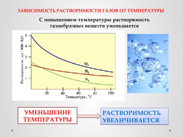 ЗАВИСИМОСТЬ РАСТВОРИМОСТИ ГАЗОВ ОТ ТЕМПЕРАТУРЫ С повышением температуры растворимость газообразных веществ уменьшается УМЕНЬШЕНИЕ ТЕМПЕРАТУРЫ РАСТВОРИМОСТЬ УВЕЛИЧИВАЕТСЯ 