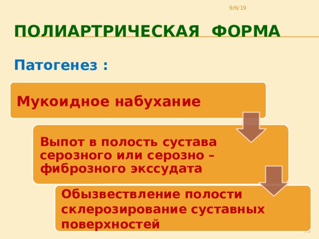9/6/19 Полиартрическая форма Патогенез : Мукоидное набухание Выпот в полость сустава серозного или серозно – фиброзного экссудата Обызвествление полости склерозирование суставных поверхностей 11 