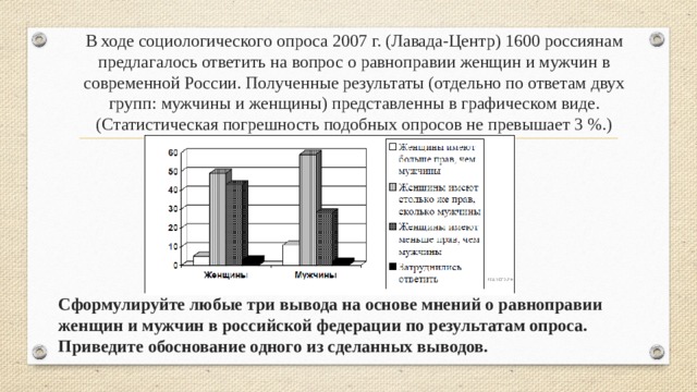 В ходе социологического опроса 2007 г. (Лавада-Центр) 1600 россиянам предлагалось ответить на вопрос о равноправии женщин и мужчин в современной России. Полученные результаты (отдельно по ответам двух групп: мужчины и женщины) представленны в графическом виде.  (Статистическая погрешность подобных опросов не превышает 3 %.) Сформулируйте любые три вывода на основе мнений о равноправии женщин и мужчин в российской федерации по результатам опроса. Приведите обоснование одного из сделанных выводов. 
