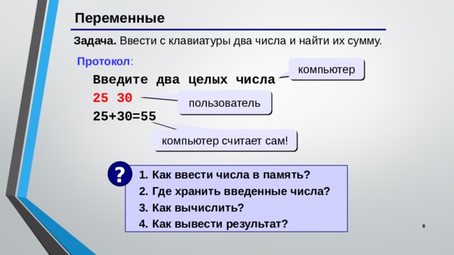 Переменные Задача. Ввести с клавиатуры два числа и найти их сумму. Протокол :  Введите два целых числа  25 30  25+30=55 компьютер пользователь компьютер считает сам! ? Как ввести числа в память? Где хранить введенные числа? Как вычислить? Как вывести результат? 5 8 