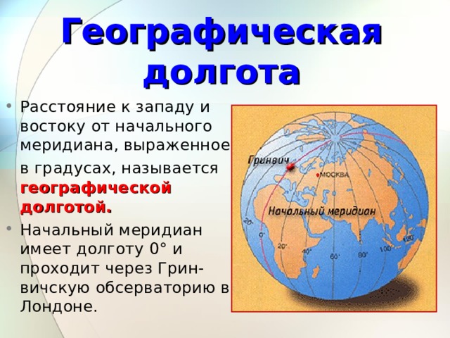 Географическая долгота Расстояние к западу и востоку от начального меридиана, выраженное  в градусах, называется географической долготой. Начальный меридиан имеет долготу 0° и проходит через Грин-вичскую обсерваторию в Лондоне. 