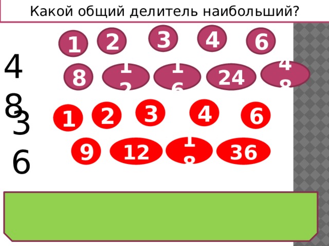 Какой общий делитель наибольший? Из делителей выберем общие: 3 4 2 6 1 48 48 16 24 12 8 36 3 4 2 6 1 18 9 12 36 