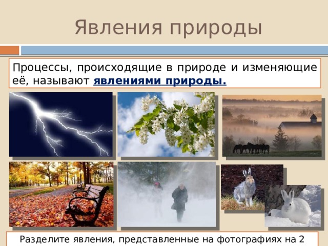 Явления природы Процессы, происходящие в природе и изменяющие её, называют явлениями природы. Разделите явления, представленные на фотографиях на 2 группы. 