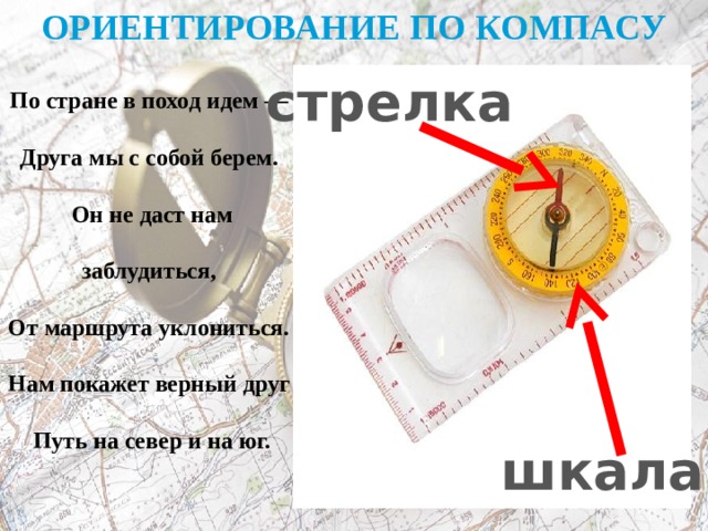 ОРИЕНТИРОВАНИЕ ПО КОМПАСУ стрелка По стране в поход идем —  Друга мы с собой берем.  Он не даст нам заблудиться,  От маршрута уклониться.  Нам покажет верный друг  Путь на север и на юг.   шкала 