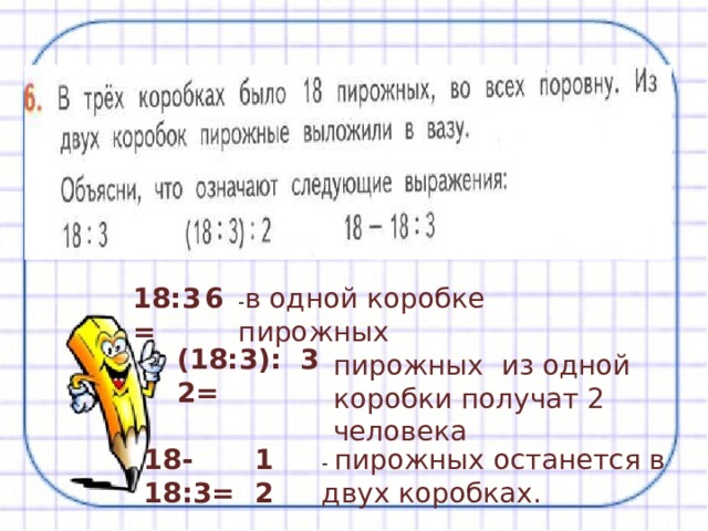18:3= 6 - в одной коробке пирожных (18:3):2= 3 пирожных из одной коробки получат 2 человека 18-18:3= 12 - пирожных останется в двух коробках. 