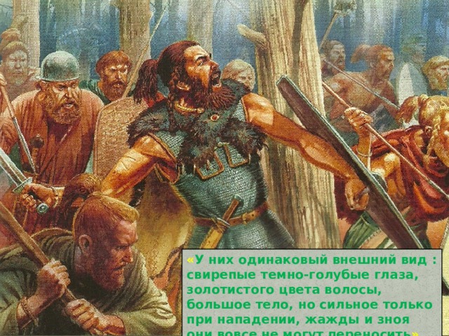 « У них одинаковый внешний вид : свирепые темно-голубые глаза, золотистого цвета волосы, большое тело, но сильное только при нападении, жажды и зноя они вовсе не могут переносить »  ( Тацит ) 