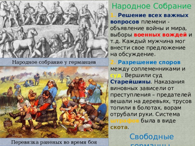 Народное Собрание 1. Решение всех важных вопросов племени - объявление войны и мира, выборы военных вождей  и т.д. Каждый мужчина мог внести свое предложение на обсуждение. 2. Разрешение споров между соплеменниками и суд . Вершили суд Старейшины . Наказания виновных зависели от преступления – предателей вешали на деревьях, трусов топили в болотах, ворам отрубали руки. Система штрафов была в виде скота . Свободные германцы- общинники 1. Право участия в Народном Собрании . 2. Военное ополчение . Народное собрание у германцев Перевязка раненых во время боя 