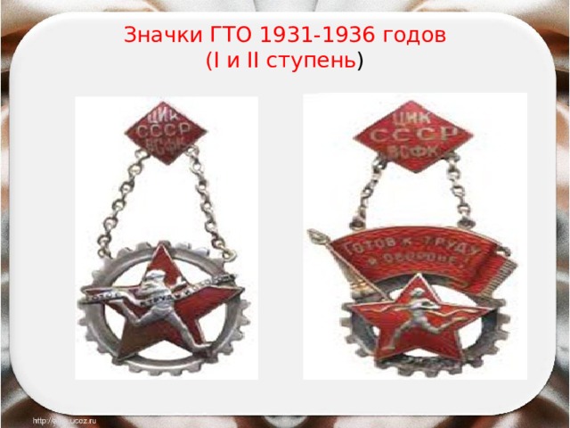 Значки ГТО 1931-1936 годов  (I и II ступень ) 