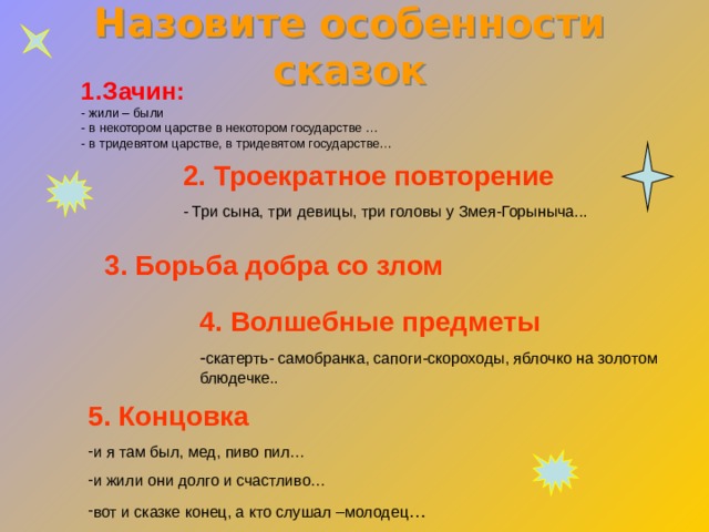 Назовите особенности сказок 1.Зачин:  1.Зачин:  - жили – были - в некотором царстве в некотором государстве … - в тридевятом царстве, в тридевятом государстве… - жили – были - в некотором царстве в некотором государстве … - в тридевятом царстве, в тридевятом государстве…  2. Троекратное повторение - Три сына, три девицы, три головы у Змея-Горыныча... 3. Борьба добра со злом 4. Волшебные предметы - скатерть- самобранка, сапоги-скороходы, яблочко на золотом блюдечке.. 5. Концовка и я там был, мед, пиво пил… и жили они долго и счастливо… вот и сказке конец, а кто слушал –молодец …  