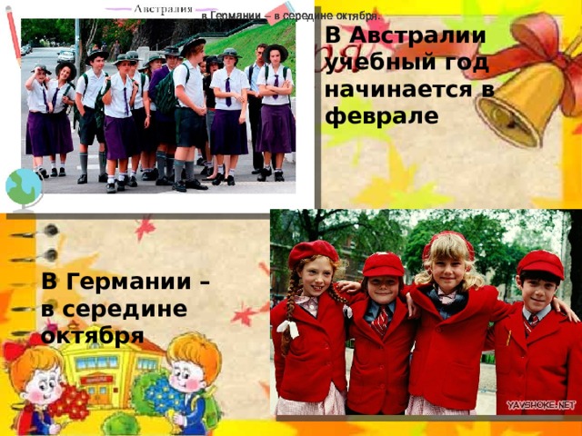 в Германии – в середине октября. в Германии – в середине октября. в Германии – в середине октября. в Германии – в середине октября. в Германии – в середине октября. в Германии – в середине октября. В Австралии учебный год начинается в феврале В Германии – в середине октября 