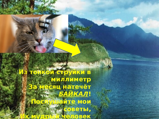 Из тонкой струйки в миллиметр За месяц натечёт БАЙКАЛ ! Послушайте мои советы, Их мудрый человек сказал!  