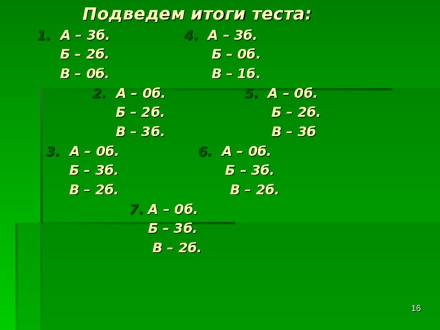  Подведем итоги теста:  1. А – 3б. 4. А – 3б.  Б – 2б. Б – 0б.  В – 0б. В – 1б.   2. А – 0б. 5. А – 0б.  Б – 2б. Б – 2б.  В – 3б. В – 3б  3. А – 0б. 6. А – 0б.  Б – 3б. Б – 3б.  В – 2б. В – 2б.  7. А – 0б.  Б – 3б.  В – 2б.     