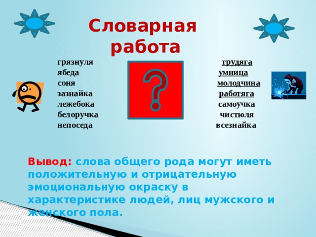 Словарная работа грязнуля трудяга ябеда умница соня молодчина зазнайка   работяга лежебока самоучка белоручка чистюля непоседа всезнайка  Вывод: слова общего рода могут иметь положительную и отрицательную эмоциональную окраску в характеристике людей, лиц мужского и женского пола. 