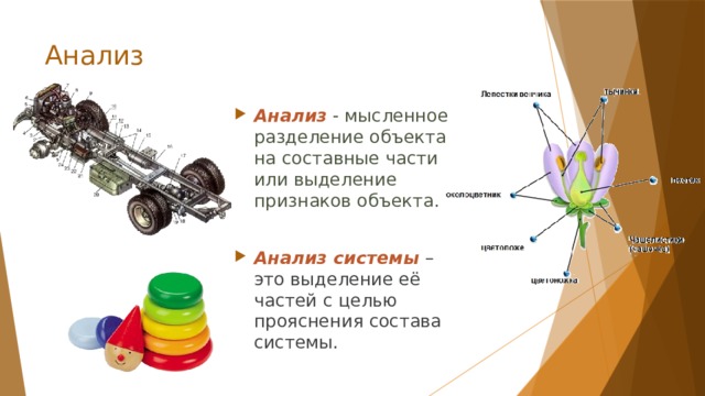 Анализ Анализ  - мысленное разделение объекта  на составные части или выделение  признаков объекта. Анализ системы – это выделение её частей с целью прояснения состава системы. 