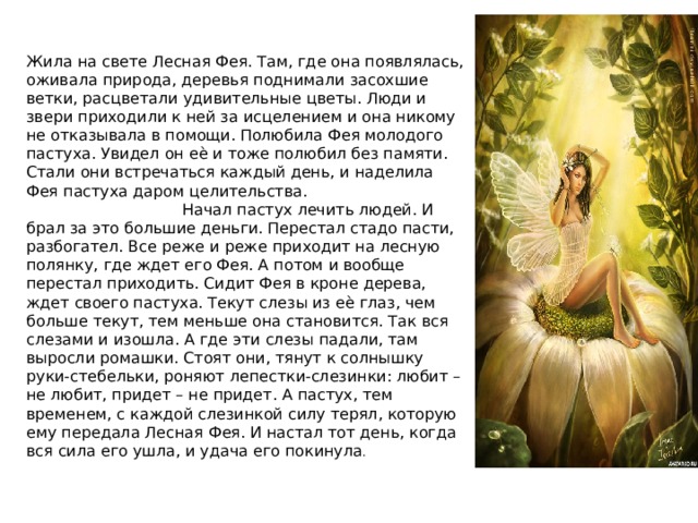 Жила на свете Лесная Фея. Там, где она появлялась, оживала природа, деревья поднимали засохшие ветки, расцветали удивительные цветы. Люди и звери приходили к ней за исцелением и она никому не отказывала в помощи. Полюбила Фея молодого пастуха. Увидел он еѐ и тоже полюбил без памяти. Стали они встречаться каждый день, и наделила Фея пастуха даром целительства. Начал пастух лечить людей. И брал за это большие деньги. Перестал стадо пасти, разбогател. Все реже и реже приходит на лесную полянку, где ждет его Фея. А потом и вообще перестал приходить. Сидит Фея в кроне дерева, ждет своего пастуха. Текут слезы из еѐ глаз, чем больше текут, тем меньше она становится. Так вся слезами и изошла. А где эти слезы падали, там выросли ромашки. Стоят они, тянут к солнышку руки-стебельки, роняют лепестки-слезинки: любит – не любит, придет – не придет. А пастух, тем временем, с каждой слезинкой силу терял, которую ему передала Лесная Фея. И настал тот день, когда вся сила его ушла, и удача его покинула . 