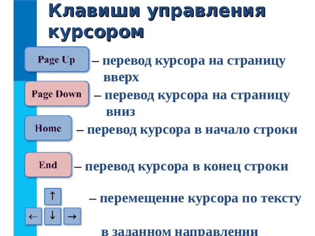 Клавиши управления курсором –  перевод курсора на страницу  вверх –  перевод курсора на страницу  вниз   –  перевод курсора в начало строки  –  перевод курсора в конец строки  –  перемещение курсора по тексту  в заданном направлении 