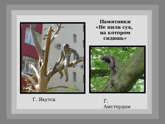 Памятники «Не пили сук, на котором сидишь» Г. Якутск Г. Амстердам 