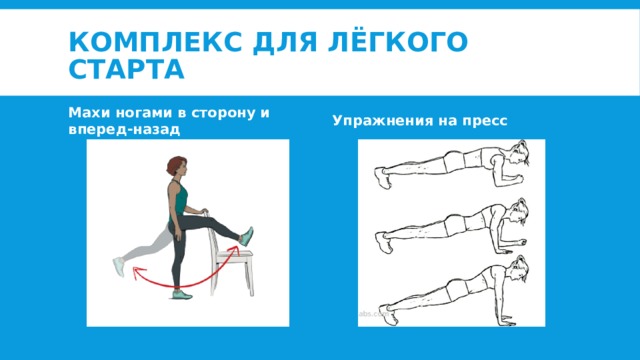 Комплекс для лёгкого старта Махи ногами в сторону и вперед-назад Упражнения на пресс 