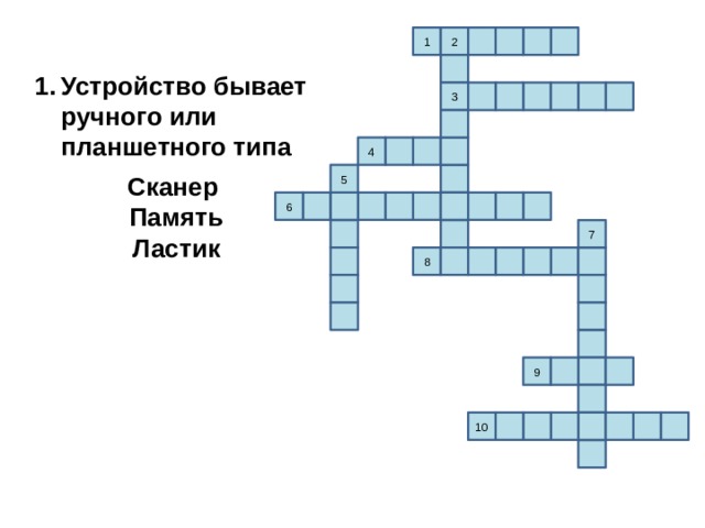1 2 Устройство бывает ручного или планшетного типа  Сканер Память Ластик 3 4 5 6 7 8 9 10