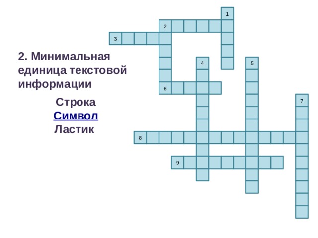 1 2 3 2. Минимальная единица текстовой информации  Строка Символ Ластик 4 5 6 7 8 9