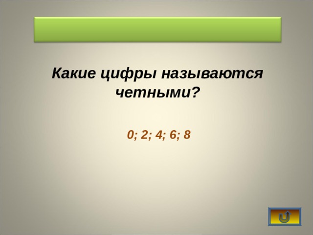   Какие цифры называются четными? 0; 2; 4; 6; 8 
