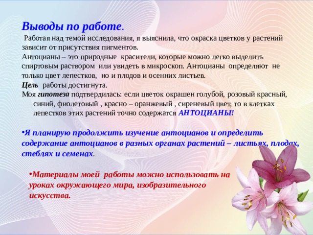 Выводы по работе .  Работая над темой исследования, я выяснила, что окраска цветков у растений зависит от присутствия пигментов. Антоцианы – это природные красители, которые можно легко выделить спиртовым раствором или увидеть в микроскоп. Антоцианы определяют не только цвет лепестков, но и плодов и осенних листьев. Цель работы достигнута. Моя гипотеза подтвердилась: если цветок окрашен голубой, розовый красный, синий, фиолетовый , красно – оранжевый , сиреневый цвет, то в клетках лепестков этих растений точно содержатся АНТОЦИАНЫ! Я планирую продолжить изучение антоцианов и определить содержание антоцианов в разных органах растений – листьях, плодах, стеблях и семенах . Материалы моей работы можно использовать на уроках окружающего мира, изобразительного искусства.   