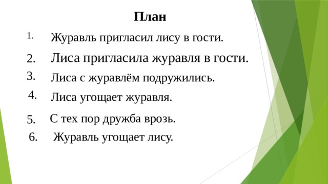 План Журавль пригласил лису в гости. 1. Лиса пригласила журавля в гости. 2. 3. Лиса с журавлём подружились. 4. Лиса угощает журавля. С тех пор дружба врозь. 5. 6. Журавль угощает лису. 