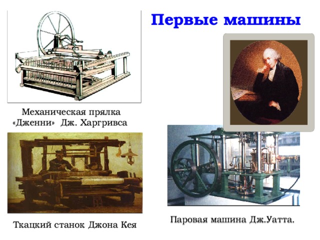 Первые машины Механическая прялка «Дженни» Дж. Харгривса Паровая машина Дж.Уатта. Ткацкий станок Джона Кея 