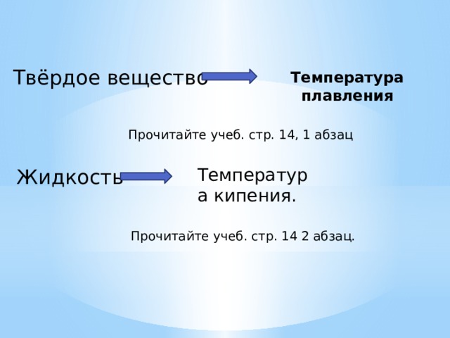 Твёрдое вещество Температура плавления Прочитайте учеб. стр. 14, 1 абзац Температура кипения. Жидкость Прочитайте учеб. стр. 14 2 абзац. 