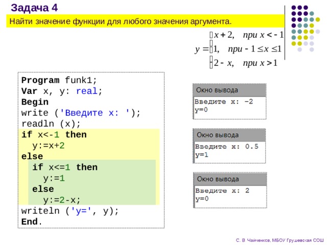 Задача 4 Найти значение функции для любого значения аргумента. Program funk1; Var x, y: real ; Begin write ( 'Введите x: ' ); readln (x); if xthen  y:=x+ 2 else    if xthen  y:= 1  else  y:= 2 -x; writeln ( 'y=' , y); End . 