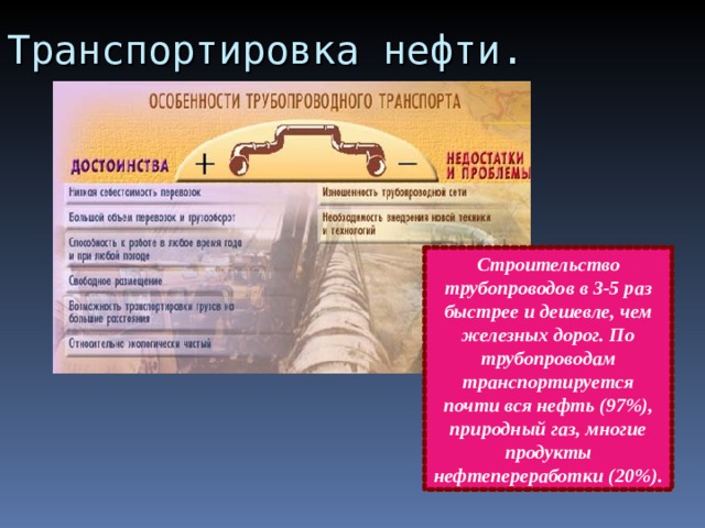 Транспортировка нефти. Строительство трубопроводов в 3-5 раз быстрее и дешевле, чем железных дорог. По трубопроводам транспортируется почти вся нефть (97%), природный газ, многие продукты нефтепереработки (20%). 