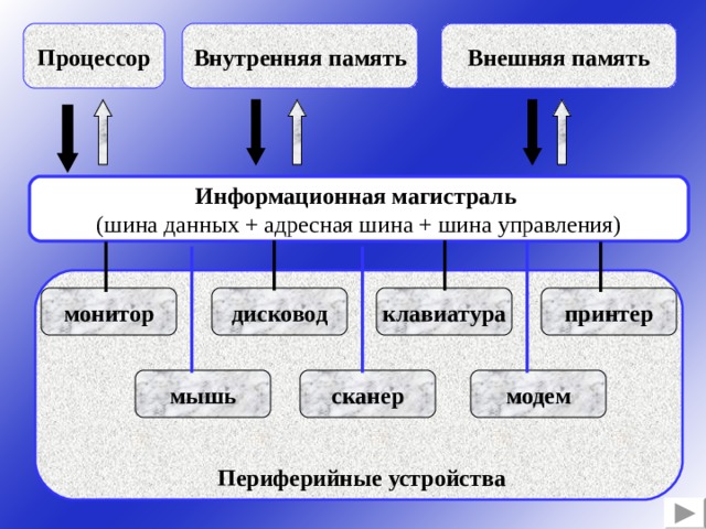 Внешняя память Внутренняя память Процессор Информационная магистраль (шина данных + адресная шина + шина управления) дисковод принтер клавиатура монитор модем сканер мышь Периферийные устройства 