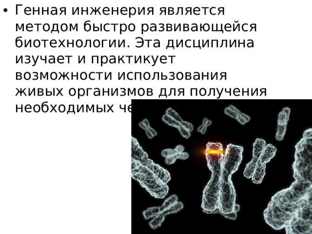 Генная инженерия является методом быстро развивающейся биотехнологии. Эта дисциплина изучает и практикует возможности использования живых организмов для получения необходимых человеку продуктов. 
