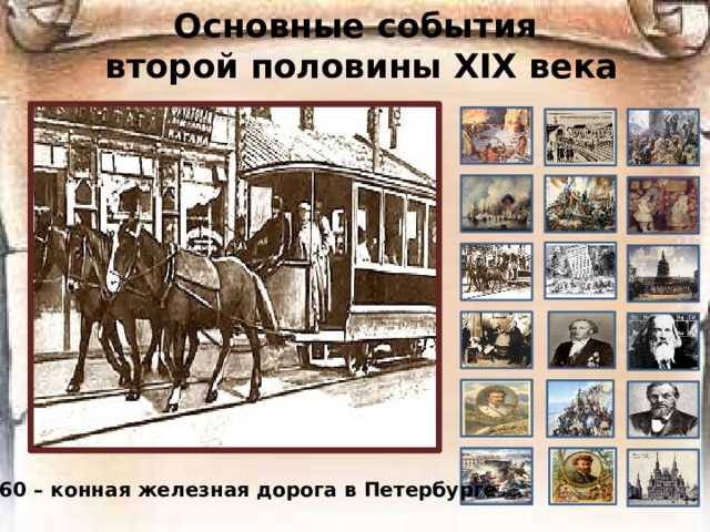 Основные события  второй половины ХIХ века 1860 – конная железная дорога в Петербурге 