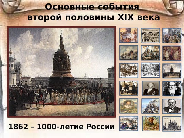 Основные события  второй половины ХIХ века 1862 – 1000-летие России 