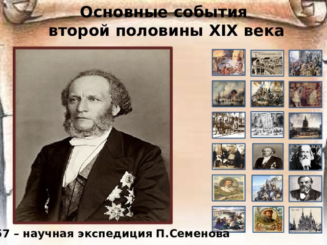 Основные события  второй половины ХIХ века 1867 – научная экспедиция П.Семенова 