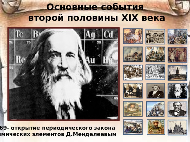 Основные события  второй половины ХIХ века 1869- открытие периодического закона  химических элементов Д.Менделеевым 