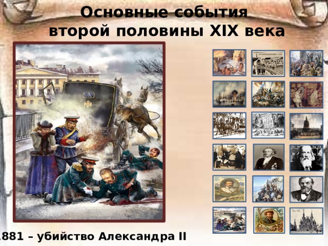 Основные события  второй половины ХIХ века 1881 – убийство Александра II 