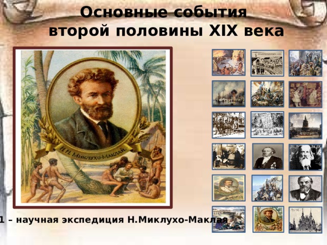 Основные события  второй половины ХIХ века 1881 – научная экспедиция Н.Миклухо-Маклая 