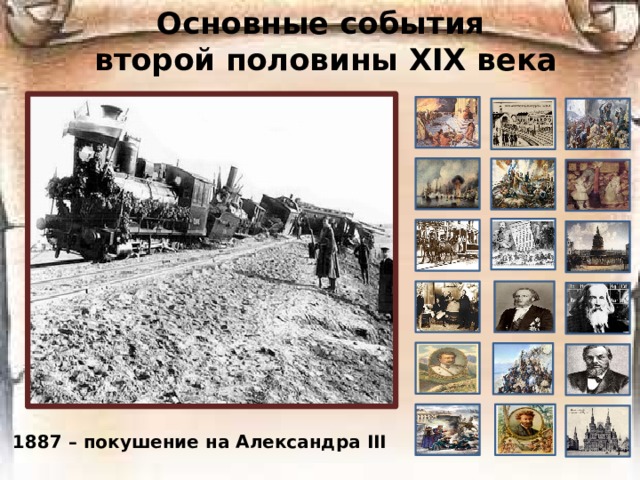 Основные события  второй половины ХIХ века 1887 – покушение на Александра III 