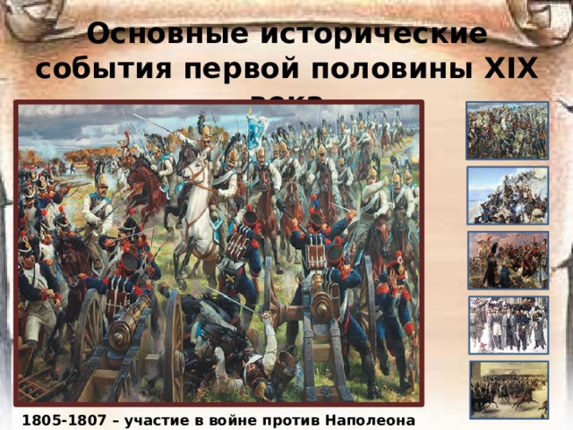 Основные исторические события первой половины ХIХ века 1805-1807 – участие в войне против Наполеона 