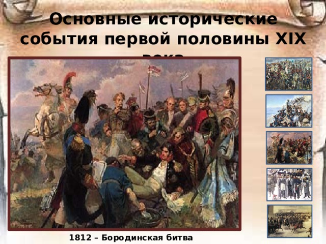Основные исторические события первой половины ХIХ века 1812 – Бородинская битва 