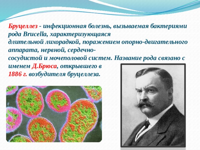 Бруцеллез - инфекционная болезнь, вызываемая бактериями рода Brucella, характеризующаяся длительной лихорадкой, поражением опорно-двигательного аппарата, нервной, сердечно- сосудистой и мочеполовой систем. Название рода связано с именем Д.Брюса , открывшего в 1886 г. возбудителя бруцеллеза. 